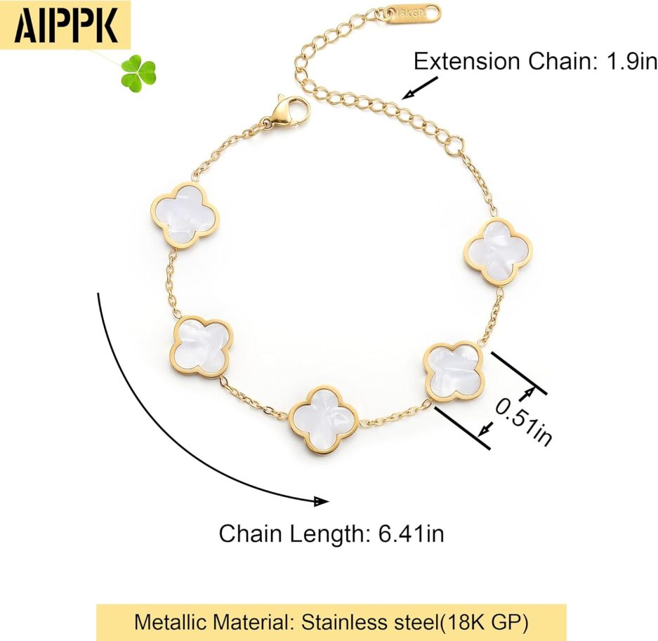 18K Gold Plated Clover Lucky Bracelet for Women White/Black/Red/Green Flower Four Leaf Link Bracelets Trendy Jewelry Gifts for Women - Image 2