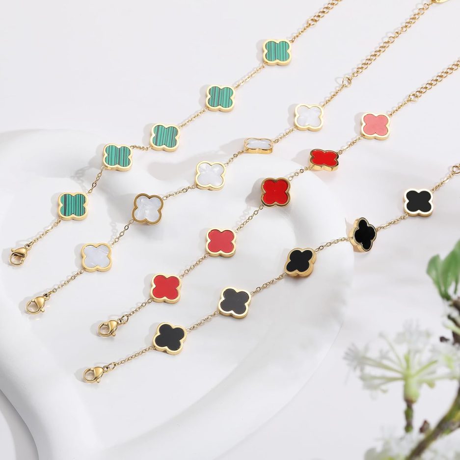 18K Gold Plated Clover Lucky Bracelet for Women White/Black/Red/Green Flower Four Leaf Link Bracelets Trendy Jewelry Gifts for Women - Image 7