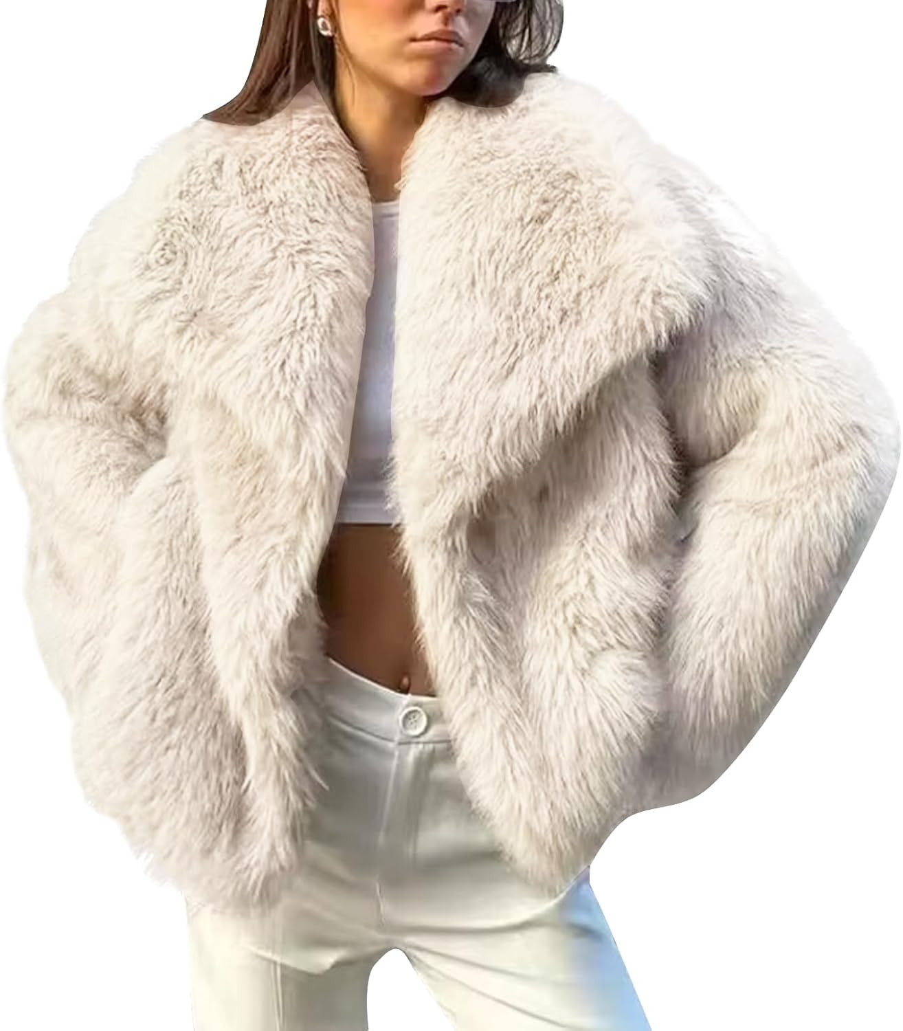 Women's Faux Fur Coat Fluffy Faux Fur Jacket Long Sleeve Lapel Furry Winter Jackets Shaggy Parka Short Coat