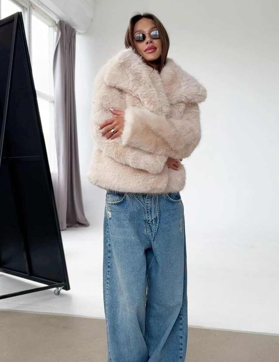 Women's Faux Fur Coat Fluffy Faux Fur Jacket Long Sleeve Lapel Furry Winter Jackets Shaggy Parka Short Coat - Image 2