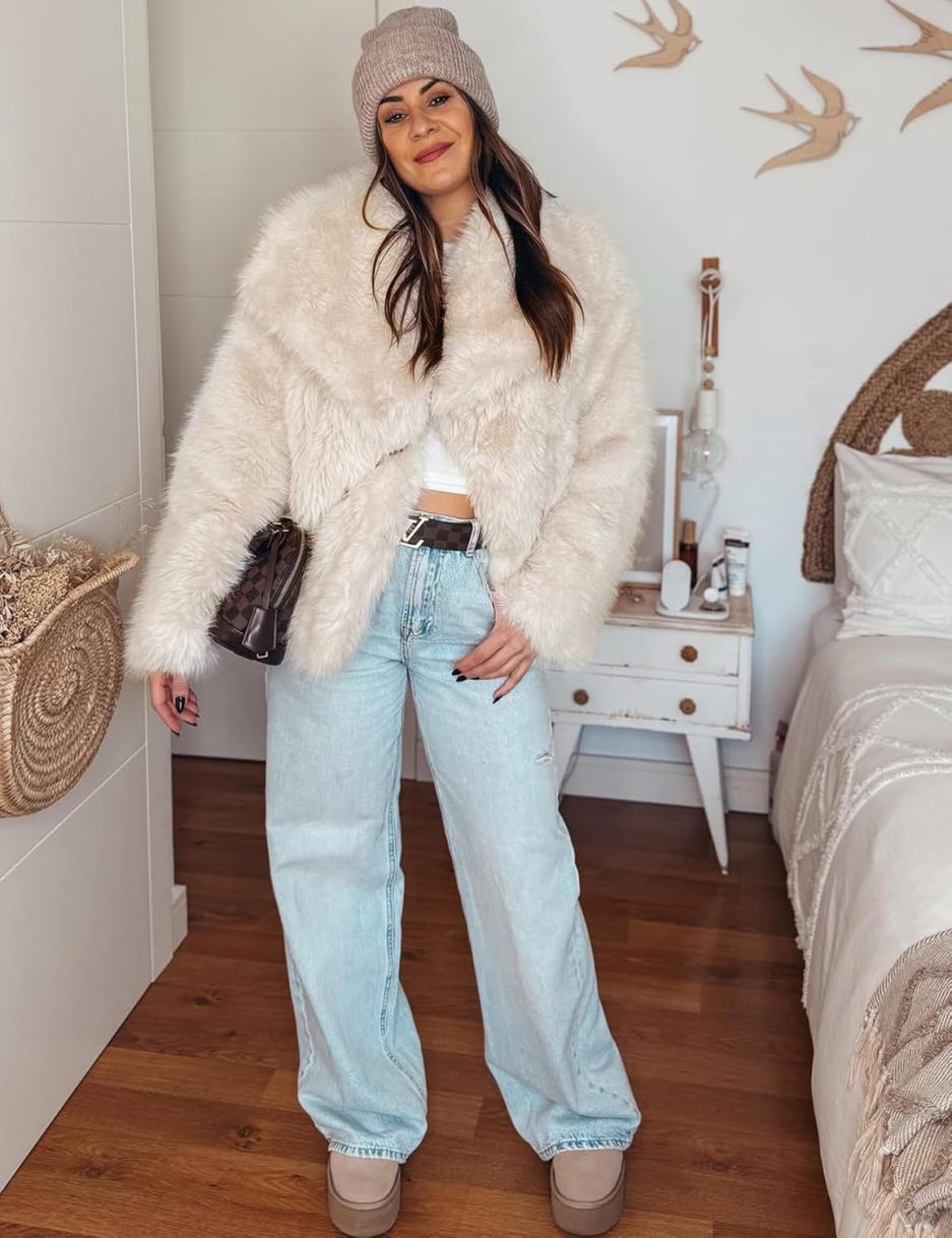 Women's Faux Fur Coat Fluffy Faux Fur Jacket Long Sleeve Lapel Furry Winter Jackets Shaggy Parka Short Coat - Image 3