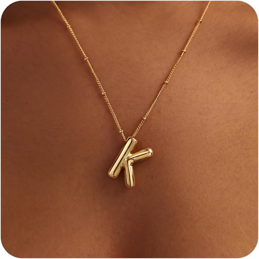 Gold Bubble Letter Necklace for Women, Dainty 14K Plated Balloon Initial Pendant Necklace Trendy Charm Non Tarnish Name Necklace Chunky Letter Necklace for Women Jewelry Gifts