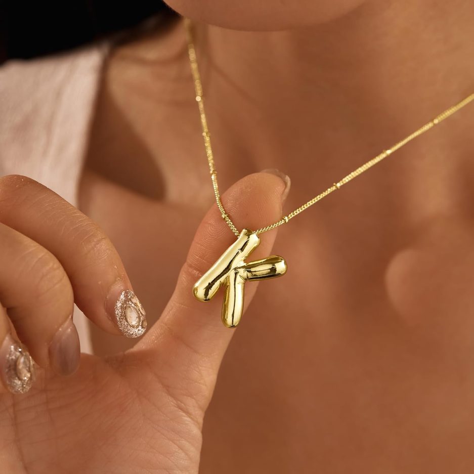 Gold Bubble Letter Necklace for Women, Dainty 14K Plated Balloon Initial Pendant Necklace Trendy Charm Non Tarnish Name Necklace Chunky Letter Necklace for Women Jewelry Gifts - Image 7